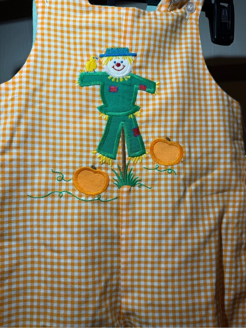 Reversible Yellow Gingham Scarecrow Embroidered Kids One-Piece